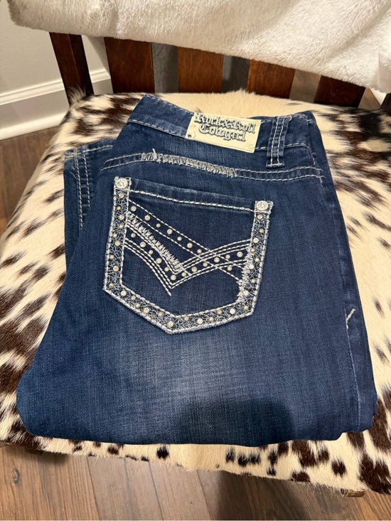 Rock & Roll Cowgirl Denim - Rock & Roll Cowgirl Dark Blue Embellished Boot Cut Jeans Womens